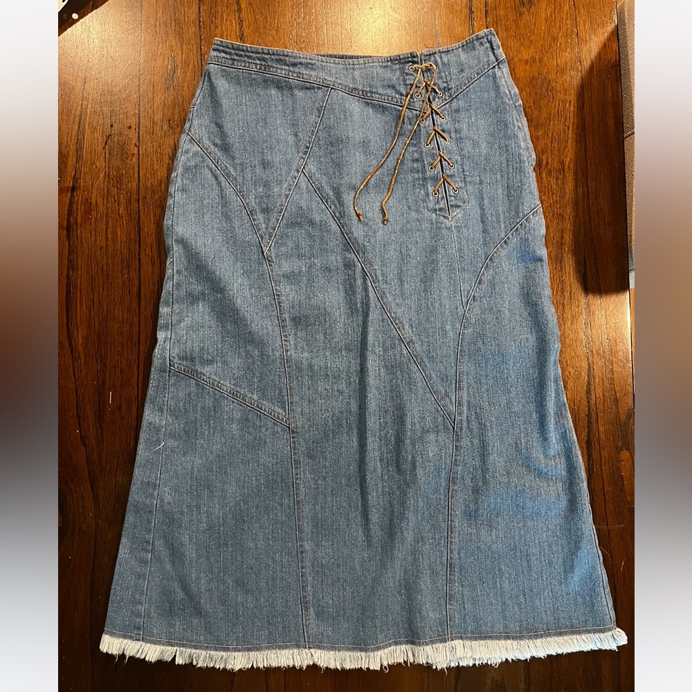Patch work midi skirt with leather strap criss cross tie design